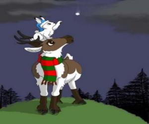 yapboz O bir yıldız yakalamak istiyor başının üzerinde eşarbı ve beyaz bir tavşan Noel Reindeer